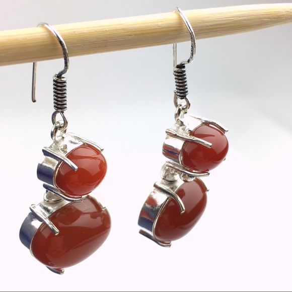 New Carnelian Prong Set Cabochon Stone Silver Hook Earrings - Picture 3 of 6